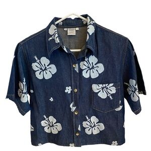 palmwave hawaii denim button down shirt with white hibiscus print